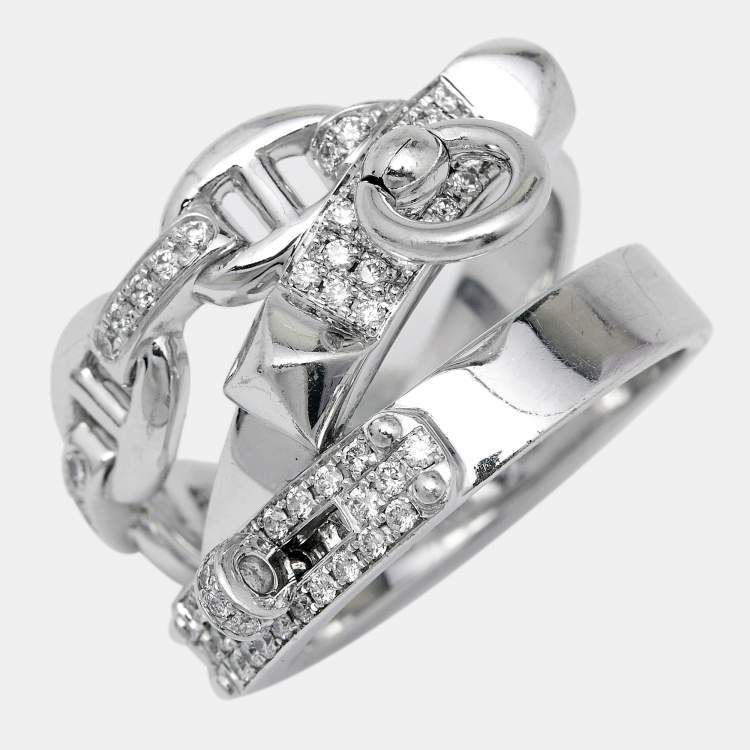 Pre Owned Hermes Alchimie Hermes Diamonds 18k White Gold Large Model Charm Ring Size 51
