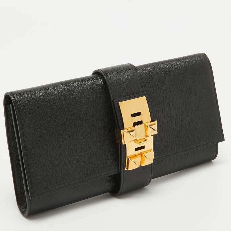 Pre Owned Hermes Noir Chevre Mysore Leather Medor 23 Clutch