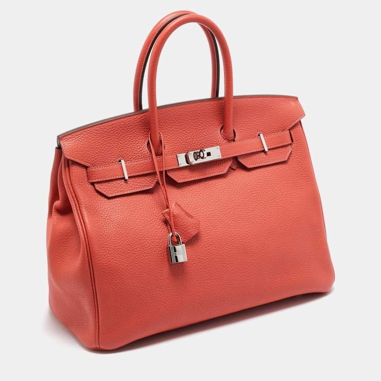 Pre Owned Hermes Rouge Pivoine Togo Leather Palladium Finish Birkin 35 Bag