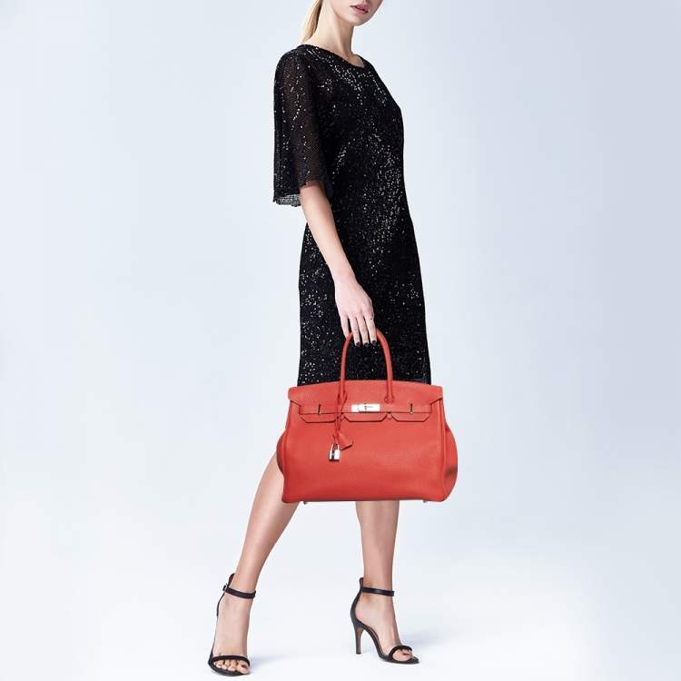 Pre Owned Hermes Rouge Pivoine Togo Leather Palladium Finish Birkin 35 Bag