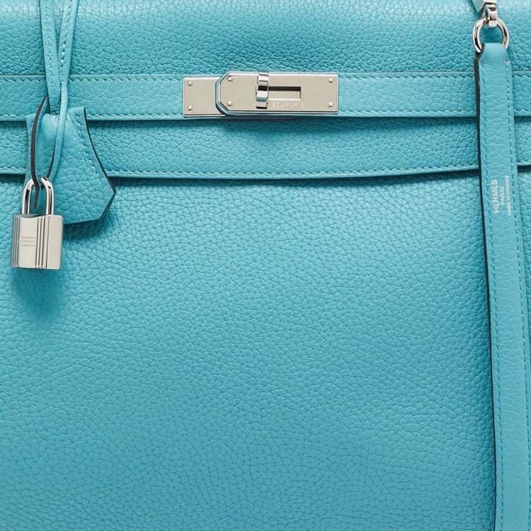 Pre Owned Hermes Celeste Taurillon Clemence Leather Palladium Finish Kelly Retourne 32 Bag