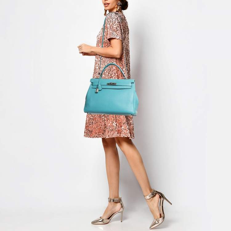 Pre Owned Hermes Celeste Taurillon Clemence Leather Palladium Finish Kelly Retourne 32 Bag