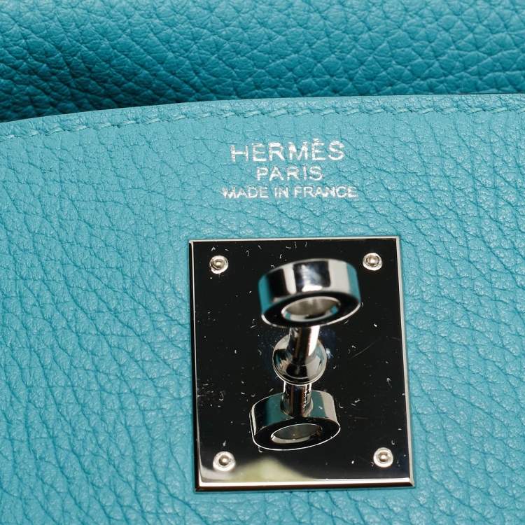 Pre Owned Hermes Celeste Taurillon Clemence Leather Palladium Finish Kelly Retourne 32 Bag