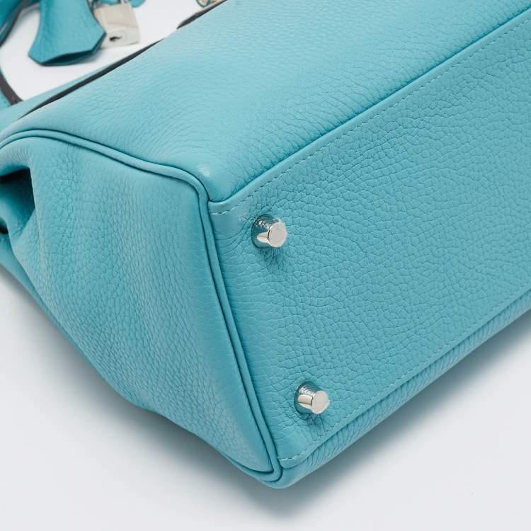 Pre Owned Hermes Celeste Taurillon Clemence Leather Palladium Finish Kelly Retourne 32 Bag