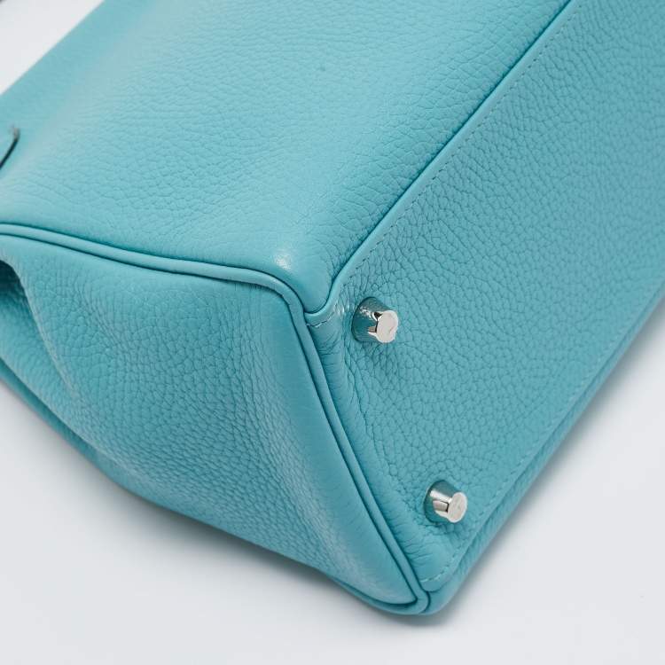 Pre Owned Hermes Celeste Taurillon Clemence Leather Palladium Finish Kelly Retourne 32 Bag