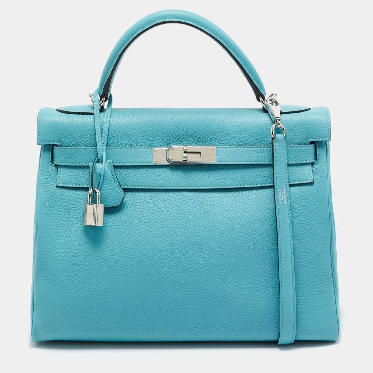 Pre Owned Hermes Celeste Taurillon Clemence Leather Palladium Finish Kelly Retourne 32 Bag