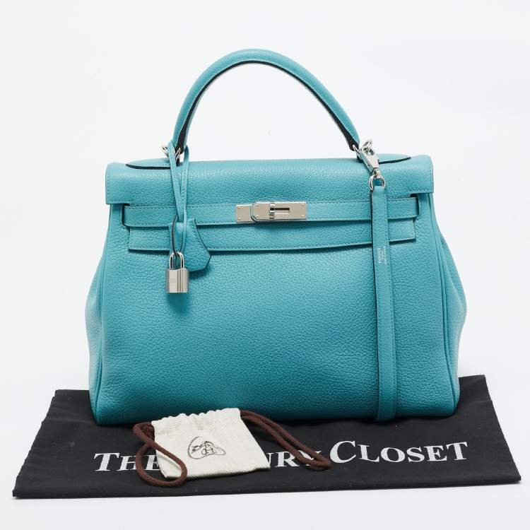 Pre Owned Hermes Celeste Taurillon Clemence Leather Palladium Finish Kelly Retourne 32 Bag
