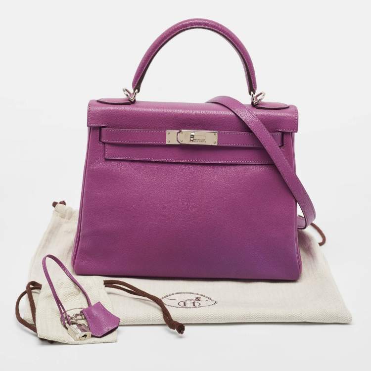 Pre Owned Hermes Cyclamen Chevre Mysore Leather Palladium Finish Kelly Retourne 28 Bag