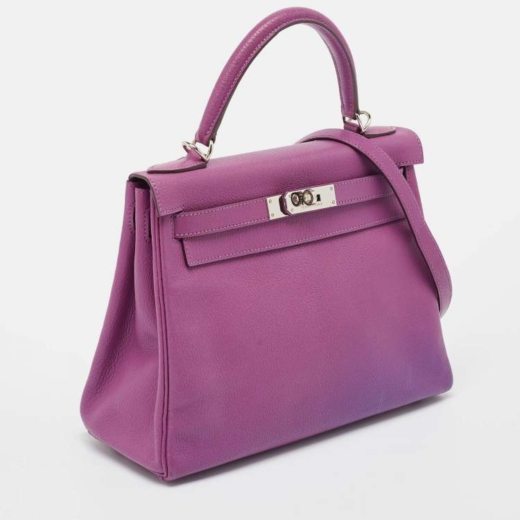 Pre Owned Hermes Cyclamen Chevre Mysore Leather Palladium Finish Kelly Retourne 28 Bag