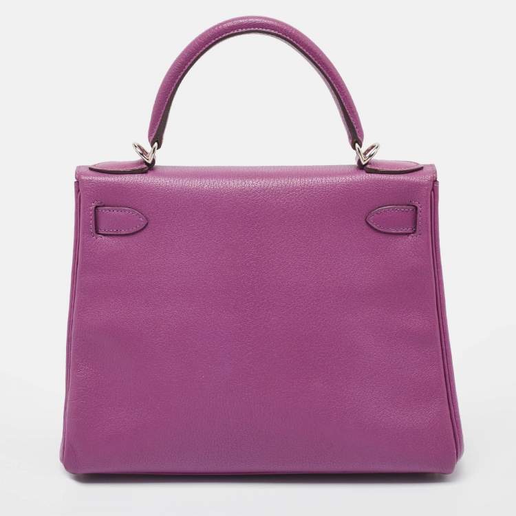 Pre Owned Hermes Cyclamen Chevre Mysore Leather Palladium Finish Kelly Retourne 28 Bag