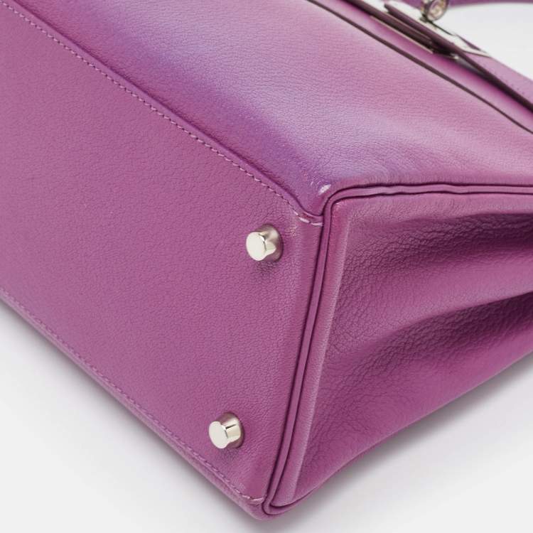 Pre Owned Hermes Cyclamen Chevre Mysore Leather Palladium Finish Kelly Retourne 28 Bag