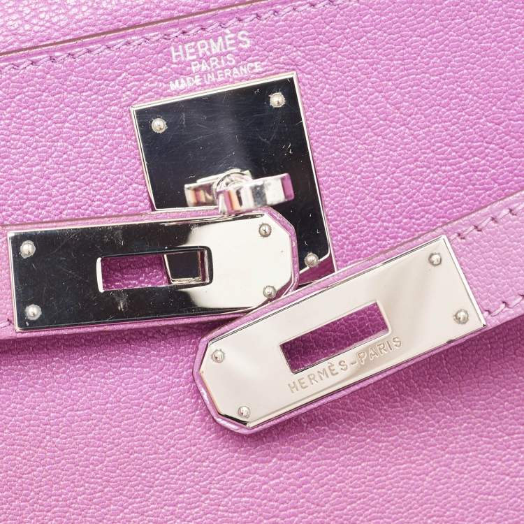 Pre Owned Hermes Cyclamen Chevre Mysore Leather Palladium Finish Kelly Retourne 28 Bag
