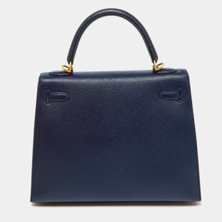 Pre Owned Hermes Blue Encre Chevre Mysore Leather Gold Finish Kelly Sellier 25 Bag