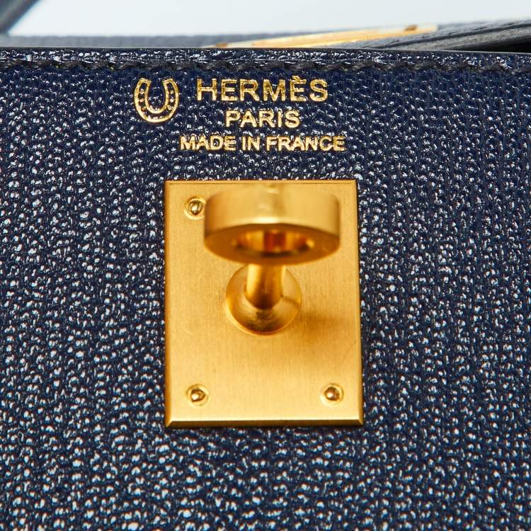 Pre Owned Hermes Blue Encre Chevre Mysore Leather Gold Finish Kelly Sellier 25 Bag