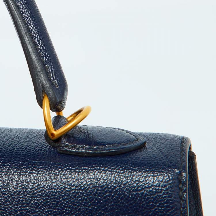 Pre Owned Hermes Blue Encre Chevre Mysore Leather Gold Finish Kelly Sellier 25 Bag