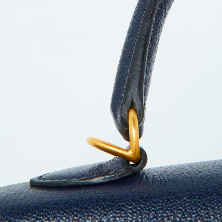 Pre Owned Hermes Blue Encre Chevre Mysore Leather Gold Finish Kelly Sellier 25 Bag