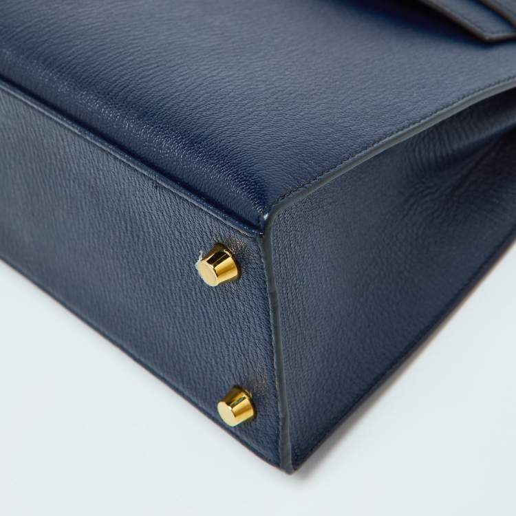 Pre Owned Hermes Blue Encre Chevre Mysore Leather Gold Finish Kelly Sellier 25 Bag