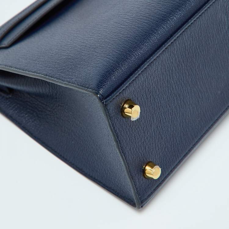 Pre Owned Hermes Blue Encre Chevre Mysore Leather Gold Finish Kelly Sellier 25 Bag