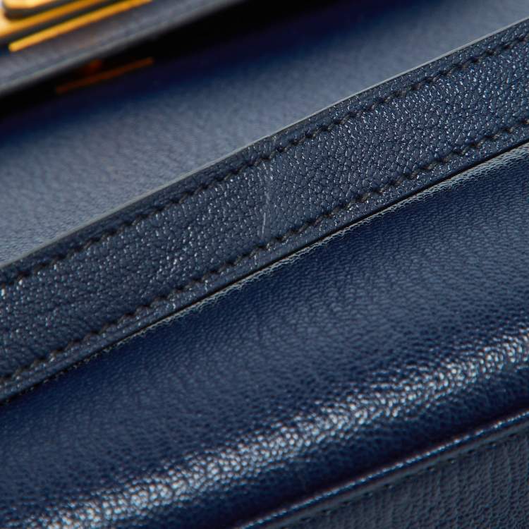 Pre Owned Hermes Blue Encre Chevre Mysore Leather Gold Finish Kelly Sellier 25 Bag