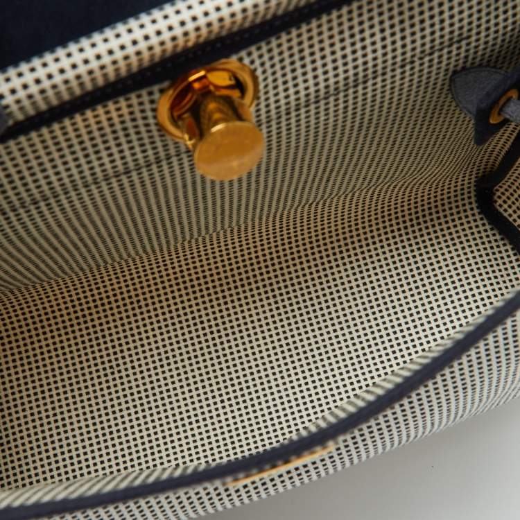 Pre Owned Hermès Ecru Blanc Noir/Bleu Indigo Vache Hunter/Toile Quadrille Viking Leather Herbag Zip Retourne 31 Bag