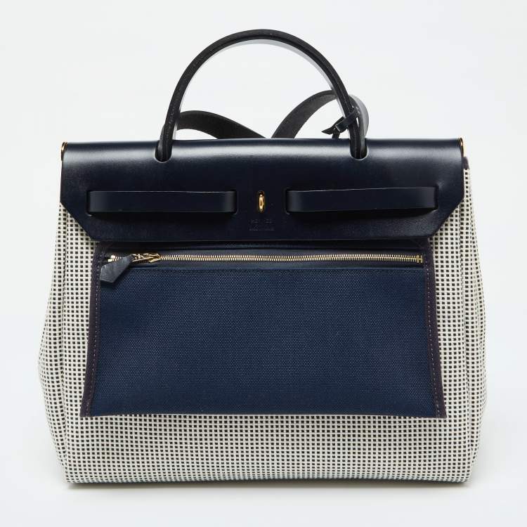 Pre Owned Hermès Ecru Blanc Noir/Bleu Indigo Vache Hunter/Toile Quadrille Viking Leather Herbag Zip Retourne 31 Bag