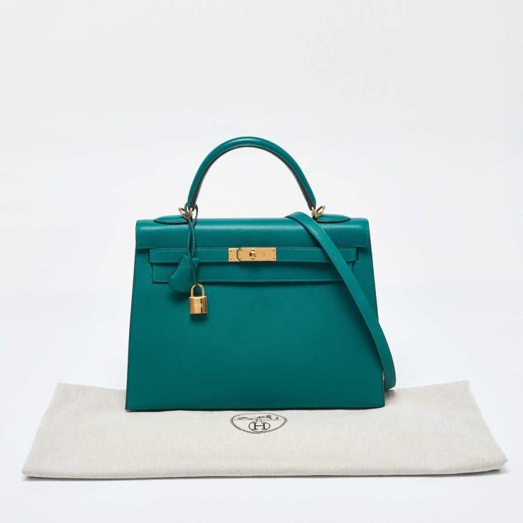 Pre Owned Hermes Malachite Epsom Leather Gold Finish Kelly Sellier 32 Bag