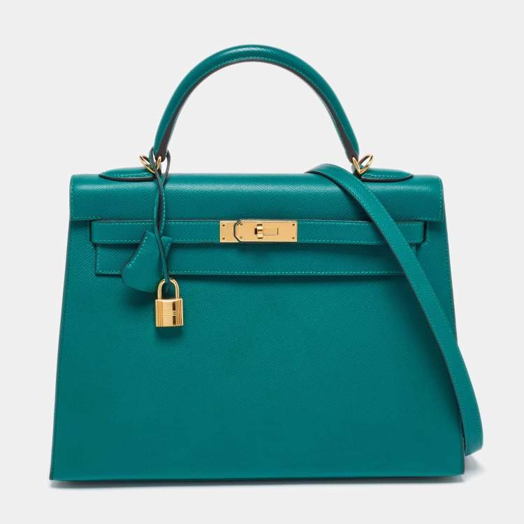 Pre Owned Hermes Malachite Epsom Leather Gold Finish Kelly Sellier 32 Bag