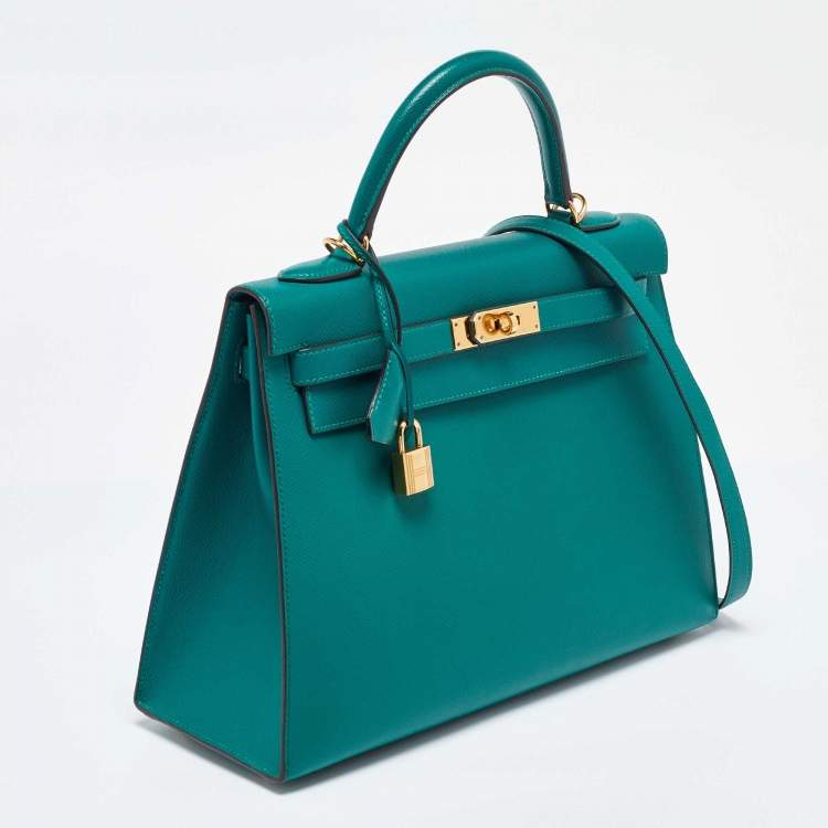 Pre Owned Hermes Malachite Epsom Leather Gold Finish Kelly Sellier 32 Bag