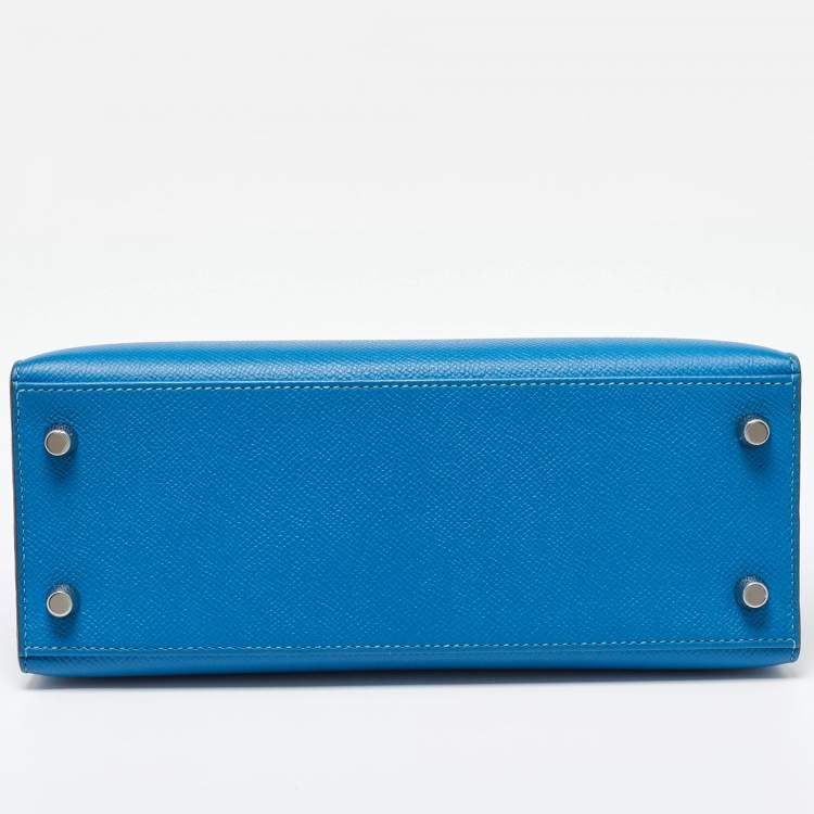 Pre Owned Hermes Bleu Izmir Epsom Leather Palladium Finish Kelly Sellier 25 Bag