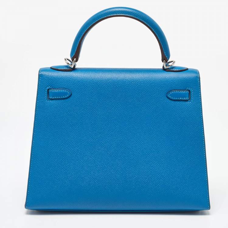 Pre Owned Hermes Bleu Izmir Epsom Leather Palladium Finish Kelly Sellier 25 Bag