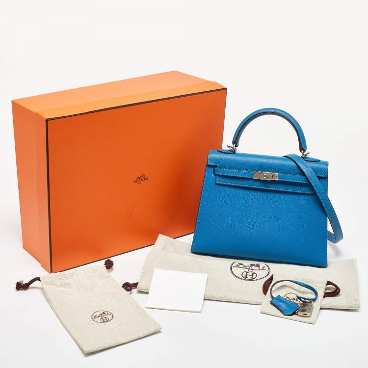 Pre Owned Hermes Bleu Izmir Epsom Leather Palladium Finish Kelly Sellier 25 Bag