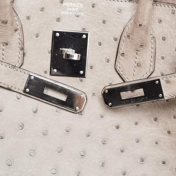 Pre Owned Hermes Mousse Ostrich Palladium Finish Birkin 30 Bag