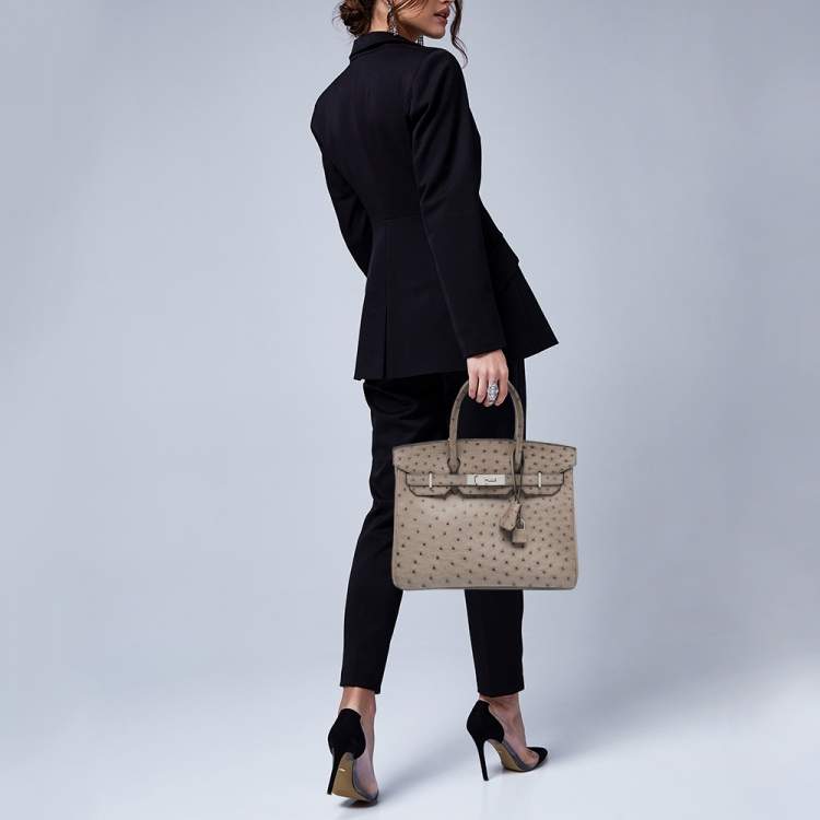 Pre Owned Hermes Mousse Ostrich Palladium Finish Birkin 30 Bag