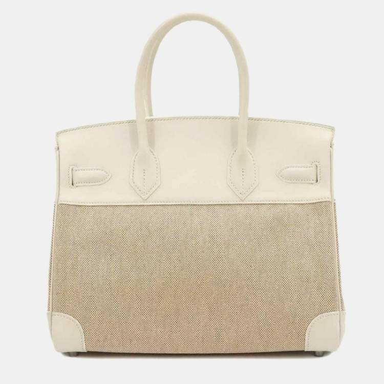 Pre Owned Hermes Ash White Natural Swift Toile K Engraved Silver Hardware Birkin 30 Handbag