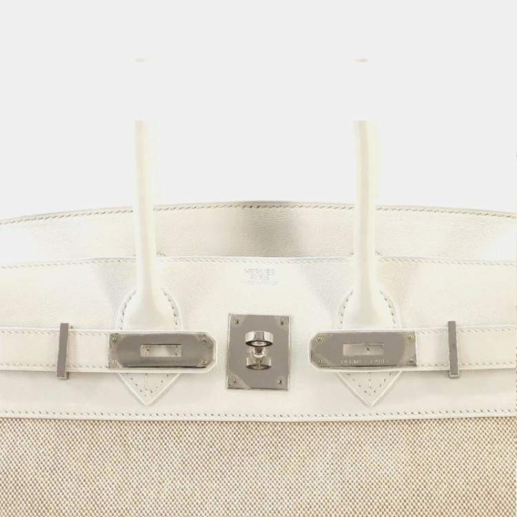 Pre Owned Hermes Ash White Natural Swift Toile K Engraved Silver Hardware Birkin 30 Handbag