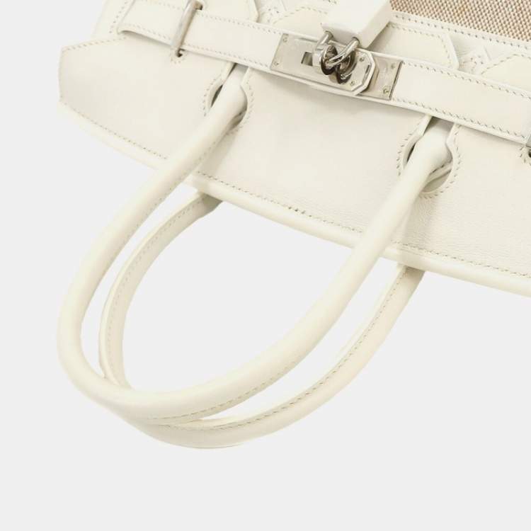 Pre Owned Hermes Ash White Natural Swift Toile K Engraved Silver Hardware Birkin 30 Handbag