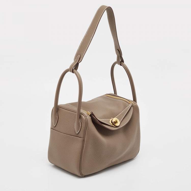 Pre Owned Hermès Etoupe Taurillon Clemence Leather Gold Finish Lindy 26 Bag