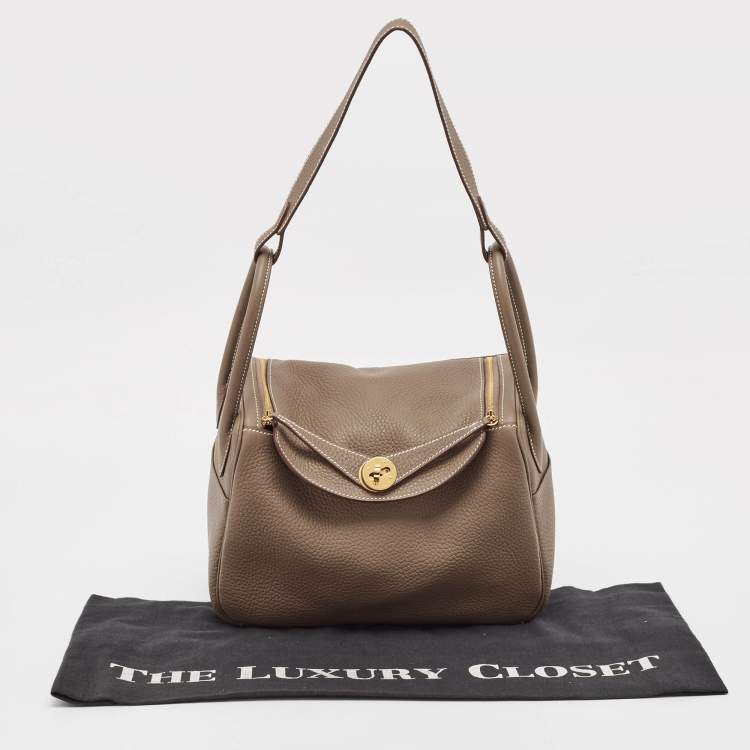 Pre Owned Hermès Etoupe Taurillon Clemence Leather Gold Finish Lindy 26 Bag