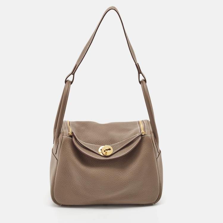 Pre Owned Hermès Etoupe Taurillon Clemence Leather Gold Finish Lindy 26 Bag