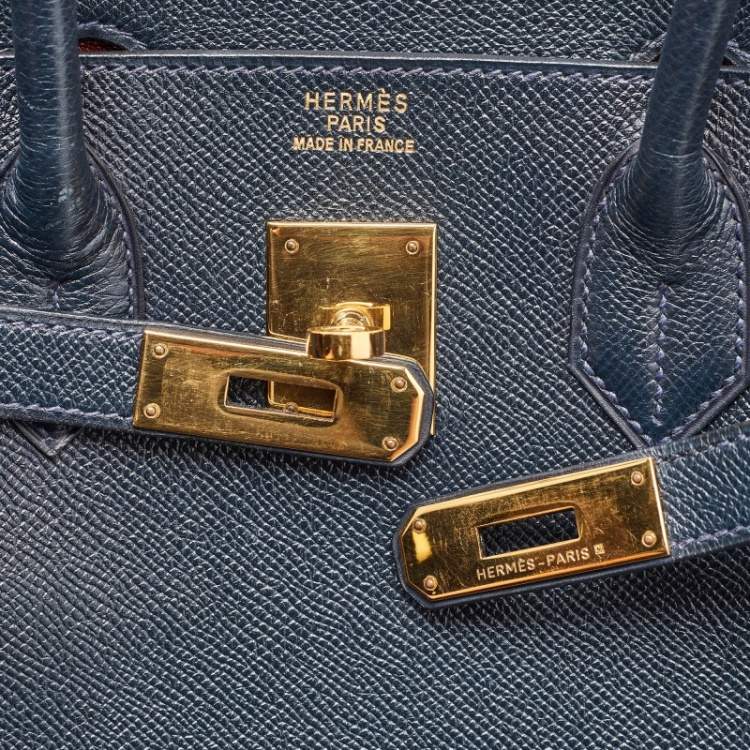 Pre Owned Hermes Navy Blue Epsom Leather Gold Finish HAC Birkin 32 Bag