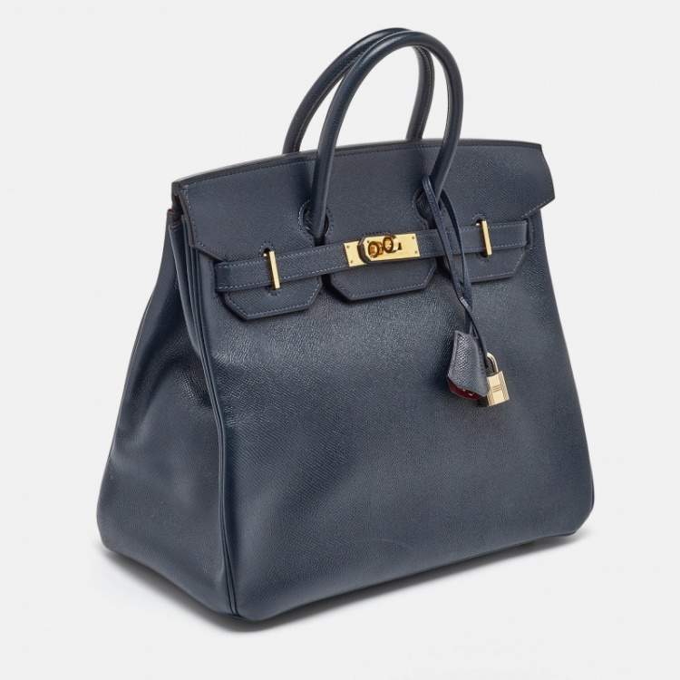 Pre Owned Hermes Navy Blue Epsom Leather Gold Finish HAC Birkin 32 Bag
