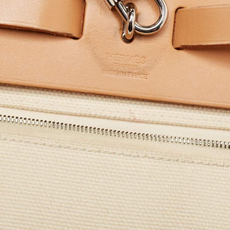 Pre Owned Hermes Ecru/Lime/Natural Toile Goeland Viking Canvas and Vache Hunter Leather Herbag Zip 31 Bag