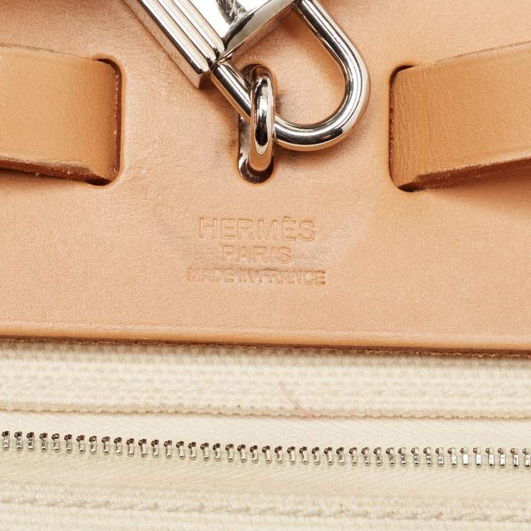 Pre Owned Hermes Ecru/Lime/Natural Toile Goeland Viking Canvas and Vache Hunter Leather Herbag Zip 31 Bag