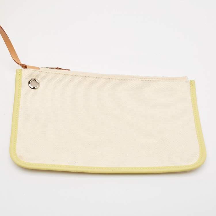 Pre Owned Hermes Ecru/Lime/Natural Toile Goeland Viking Canvas and Vache Hunter Leather Herbag Zip 31 Bag