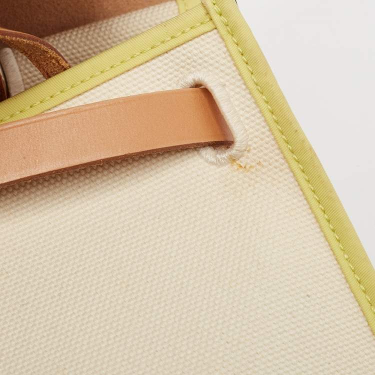 Pre Owned Hermes Ecru/Lime/Natural Toile Goeland Viking Canvas and Vache Hunter Leather Herbag Zip 31 Bag