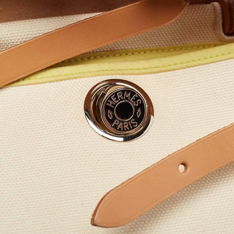Pre Owned Hermes Ecru/Lime/Natural Toile Goeland Viking Canvas and Vache Hunter Leather Herbag Zip 31 Bag