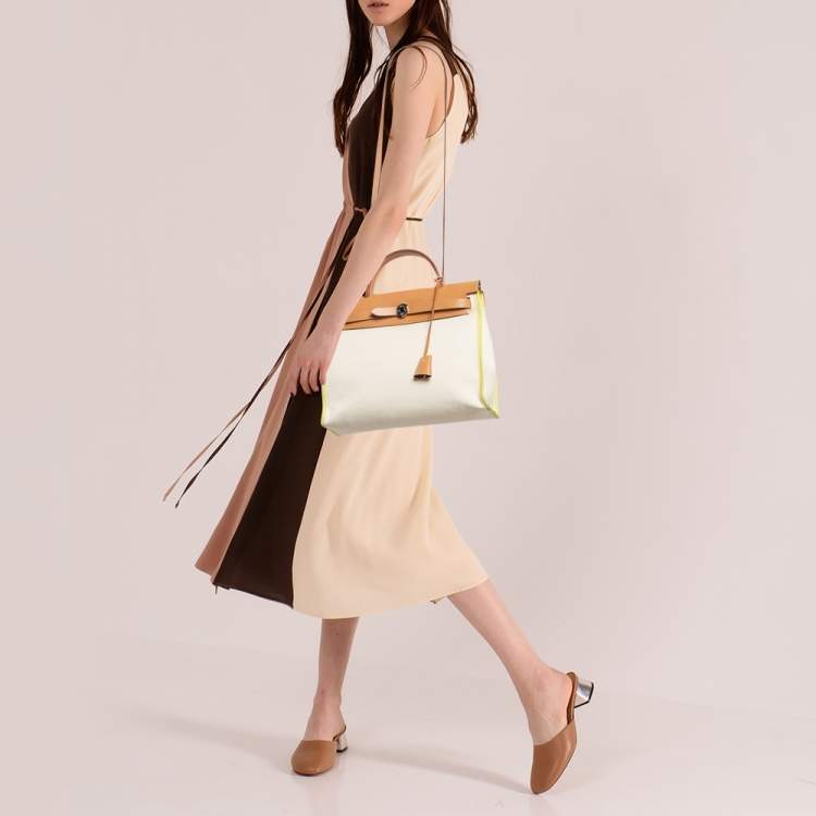 Pre Owned Hermes Ecru/Lime/Natural Toile Goeland Viking Canvas and Vache Hunter Leather Herbag Zip 31 Bag