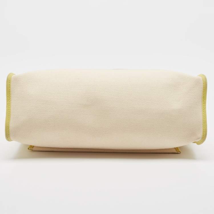 Pre Owned Hermes Ecru/Lime/Natural Toile Goeland Viking Canvas and Vache Hunter Leather Herbag Zip 31 Bag