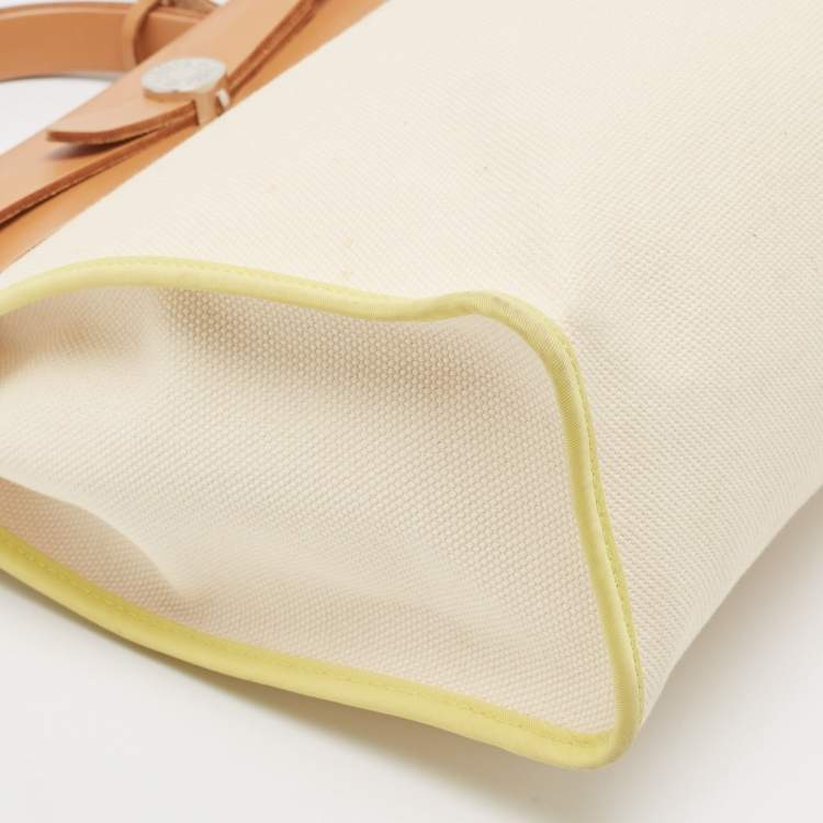 Pre Owned Hermes Ecru/Lime/Natural Toile Goeland Viking Canvas and Vache Hunter Leather Herbag Zip 31 Bag