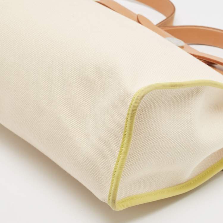 Pre Owned Hermes Ecru/Lime/Natural Toile Goeland Viking Canvas and Vache Hunter Leather Herbag Zip 31 Bag